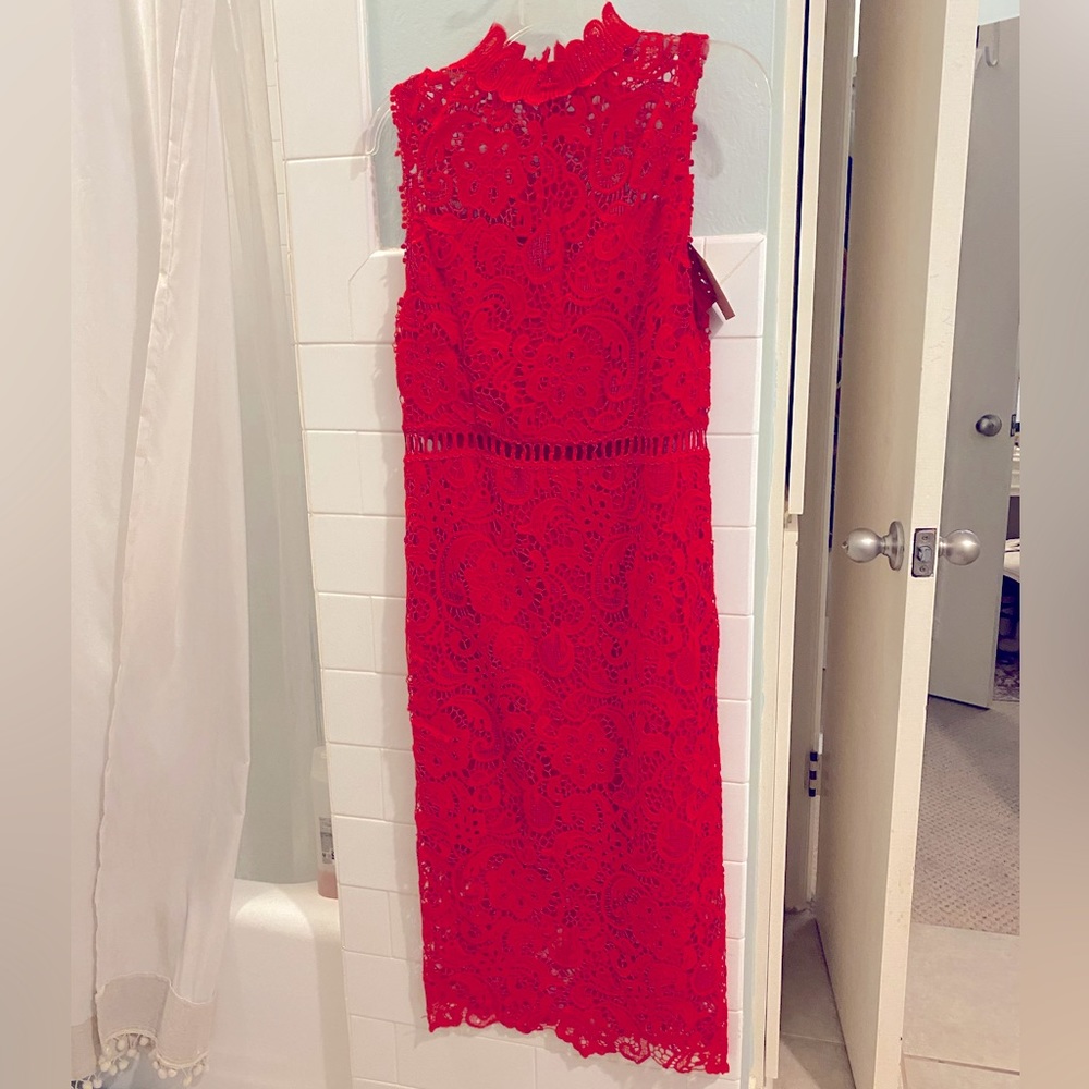 NWT Main Strip Red Lace Midi Length High Neck Dress sz Large L